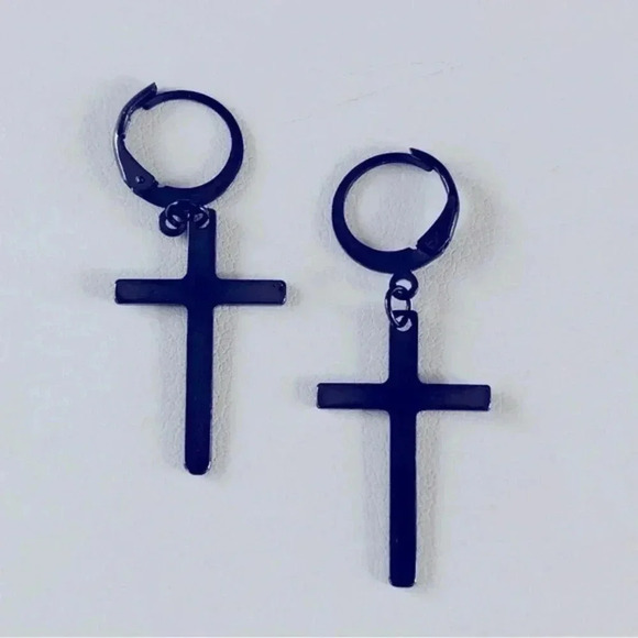 Black Christian Cross on Hoop Stainless Steel Earrings NWT - Picture 1 of 3